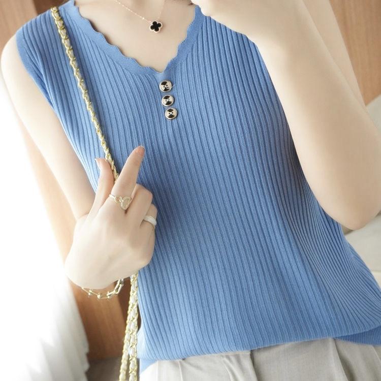 Knitted Sleeveless V Neck Vest Women's Turtleneck Short Loose Versatile Knitted Bottoming Shirts