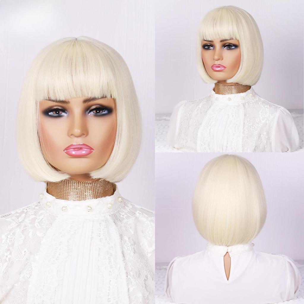 Short Blonde Bob Wig with Bangs Natural Straight Bob Wig for Women Colored Wig 12 Inches Short Bob Wavy Hair KTB
