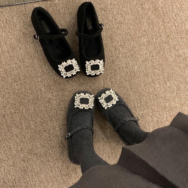 Rhinestone Mary Jane Single Shoes Plush Shoes Cotton Shoes Round Head Commuting Shoes