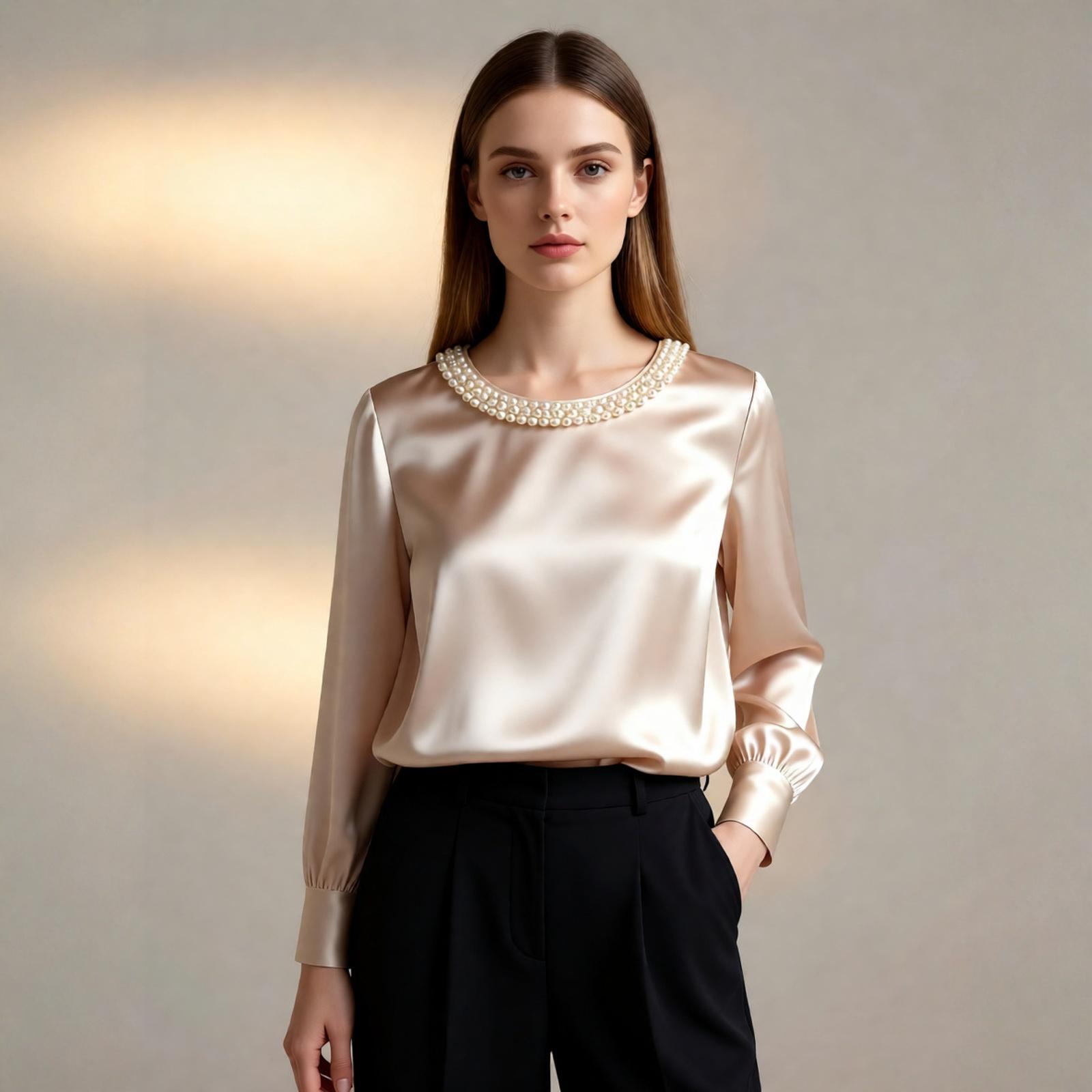 

Модний жіночий атласний топ-сорочка з круглим вирізом M бежевий