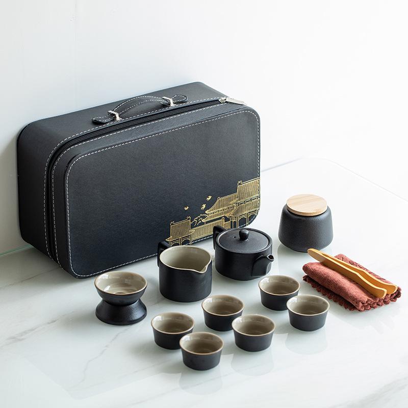 Japanese travel kung fu tea set small set household simple teapot ceramic teacup outdoor tea tray portable bag