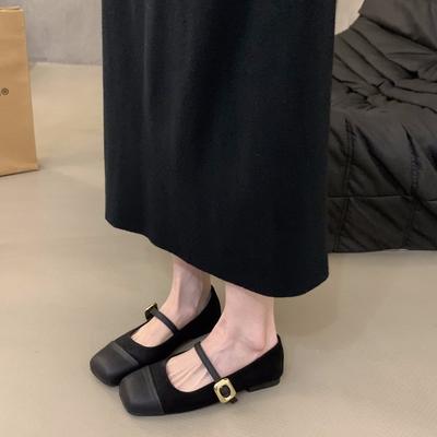 Flat Bottom Square Head Splicing Mary Jane Single Shoes Women's Shoes 2024 New Spring, Autumn and Winter French Retro Suede Evening Shoes