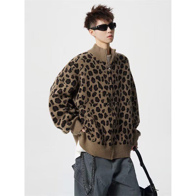 American Trendy Men's Leopard Print Retro Knit Cardigan - Loose Fit Casual Couple Outerwear