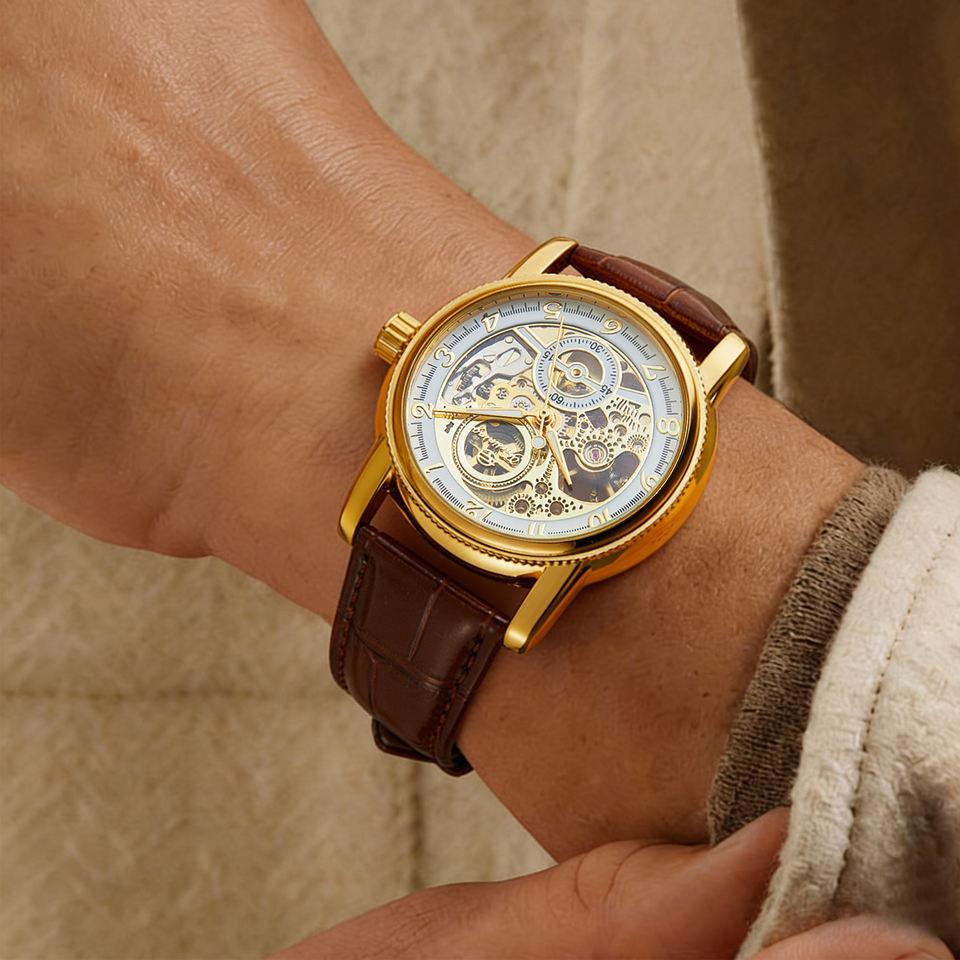 New Men Wrist Watches Luxury Golden Skeleton Mechanical Steampunk Male Clock Automatic Wristwatch Leather Strap Herren Horloges