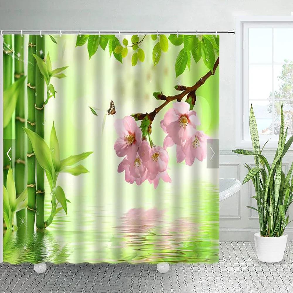 3D Black Stone Green Bamboo Zen Shower Curtain Set Purple Orchid Buddha Natural Landscape Bathroom Decor Polyester Bath Curtains