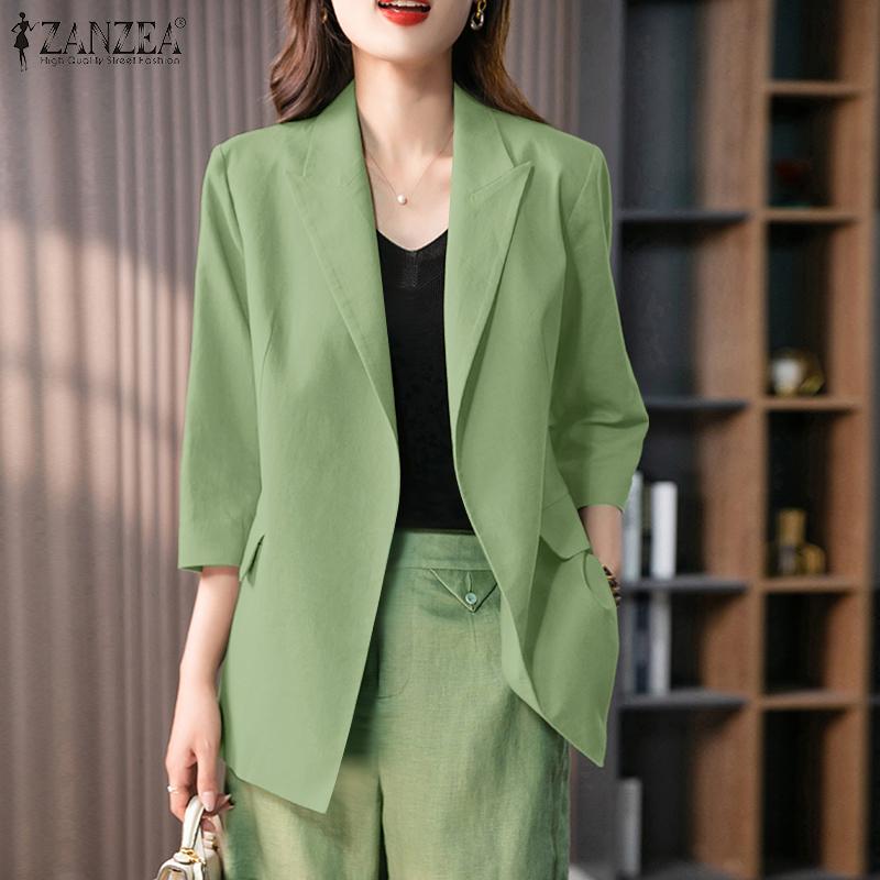 ZANZEA Women Casual Lapel Collar Loose 3/4 Sleeve Solid Cardigan Blouse