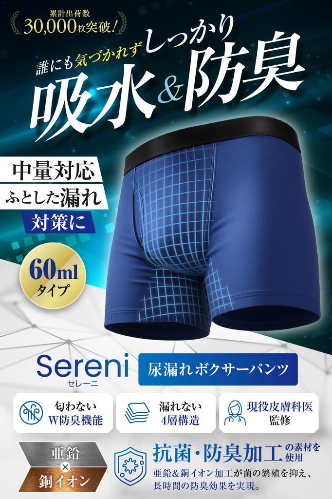Sereni Incontinence 60ml Boxer Incontinence Natural Set of 2 Size Dermatologist-approved Men's Briefs, Capacity, Briefs, Prevention, Absorbent,