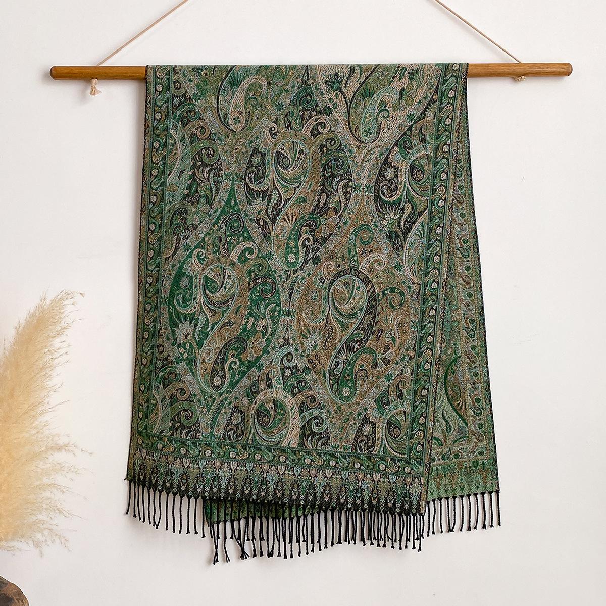 

025 имитация кашемира жаккардовый шарф шаль бахрома ретро цветок кешью этнический стиль двусторонний 200x65cm зелёный