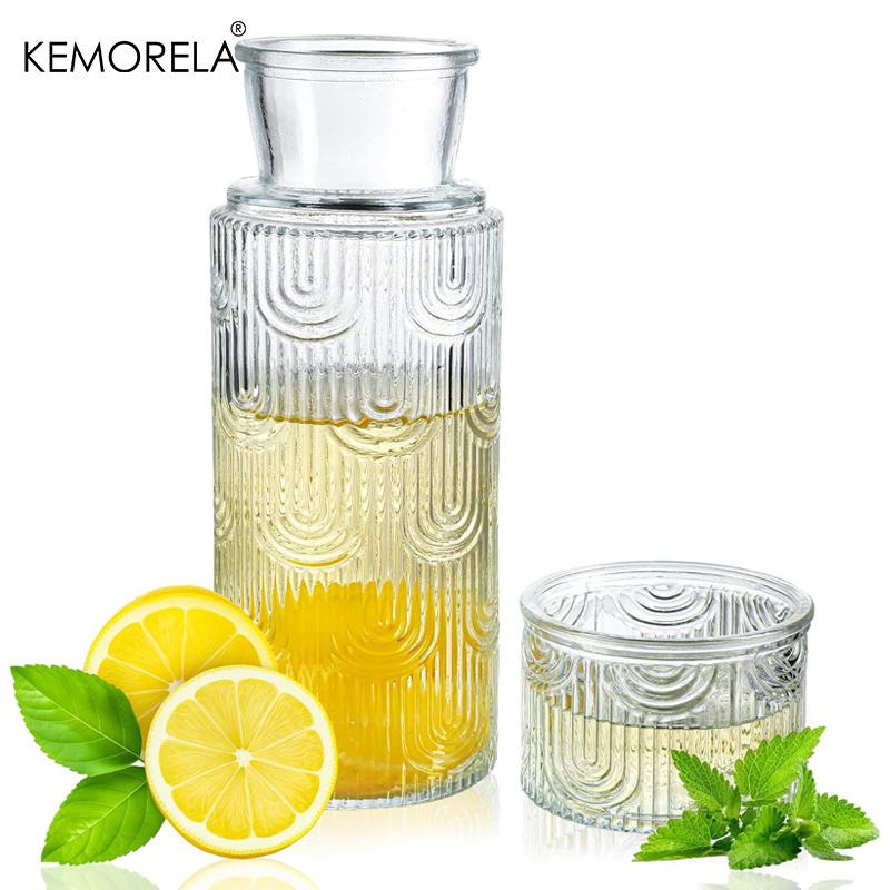 Vintage Glass Water Pitcher Set with Tumbler Bedside Carafe Clear Glass Pitcher Suitable for Juice Tea for Bedroom Bathroom