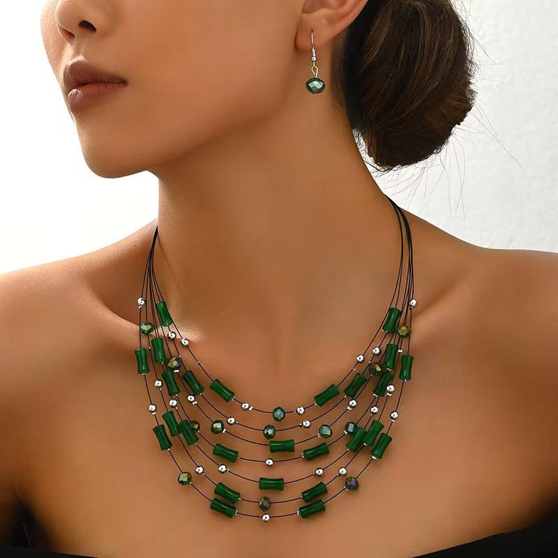 Ethnic Boho Multilayer Crystal Beads Necklace Earrings for Women Bohemian Jewelry Set Party Wedding Statement Choker Collar