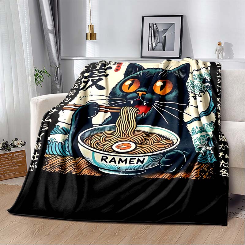 

Black Cat Eating Ramen with Headband Print Flannel Blanket, Japanese Anime Style Throw Blanket 80cm x 120cm
