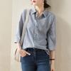 Blue Striped Shirt for Women In Spring and Summer New Korean Style, Three-quarter Sleeve Loose Casual Top Design Sense Shirt for Women