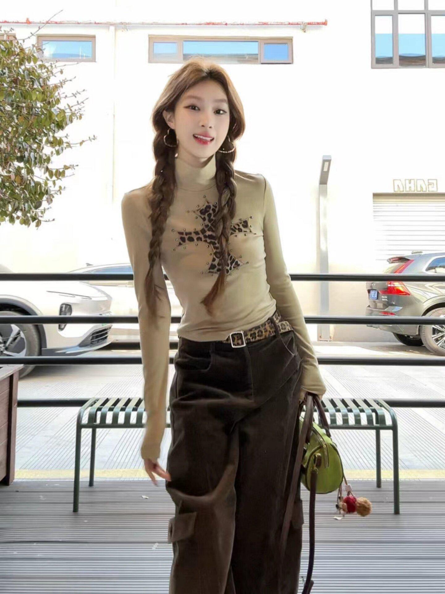 2026 Early Spring Women s Slim Fit Spicy Leopard Print Long Sleeve Half High Collar Top XXL хаки
