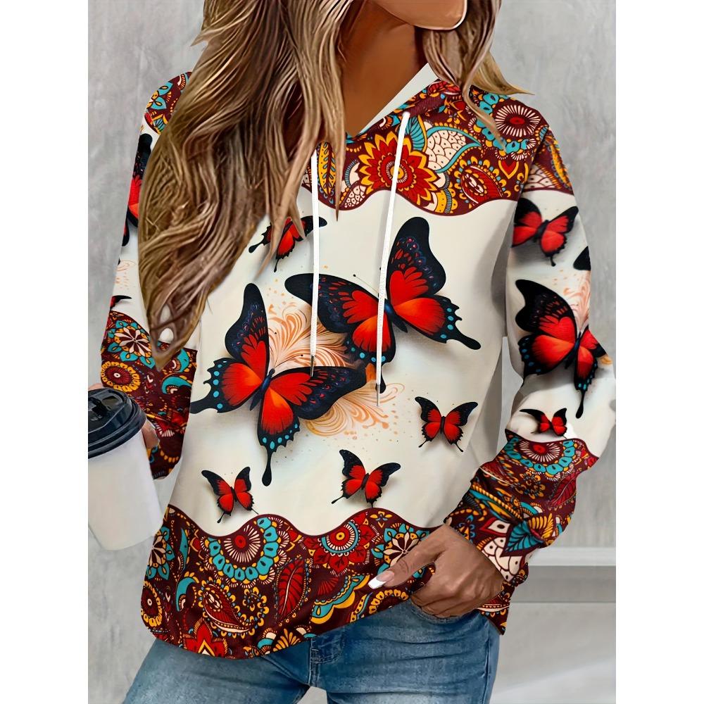 2025 Women's Tops Autumn and Winter Hoodies Ladies Loose Floral Butterfly Print 3d Print Fashion Casual Pullover Hoodies