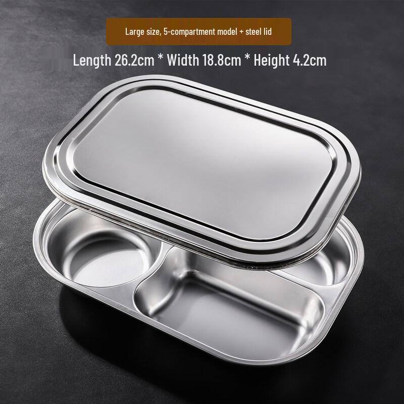 Food-Grade 304 Stainless Steel 5-Compartment Lunch Tray with Lid