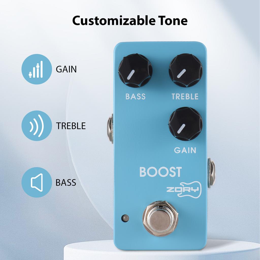 ZORY Guitar Boost Effects Pedal BASS/TREBLE/GAIN 2-Band EQ Control DC 9V 6.35mm Input/Output