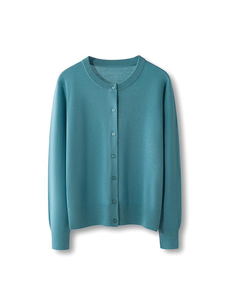 2026 Women's Elegant Fine Wool Cardigan - Loose, Slimming, Round Neck, Solid Color, Single-Breasted Outerwear