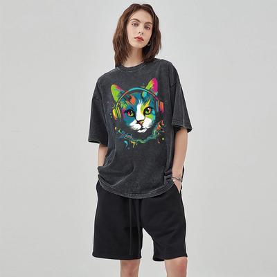Dames Oversized T-shirt met Korte Mouwen en Cartoon Dierenprint Gewassen Denim Unisex Retro Harajuku Stijl Kleding Heren