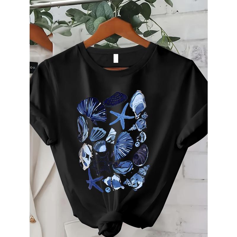 

European Size Plus Size, Short Sleeve Seashell Print Crew Neck T-shirt, Summer & Spring Casual Top for Women 4XL чорний