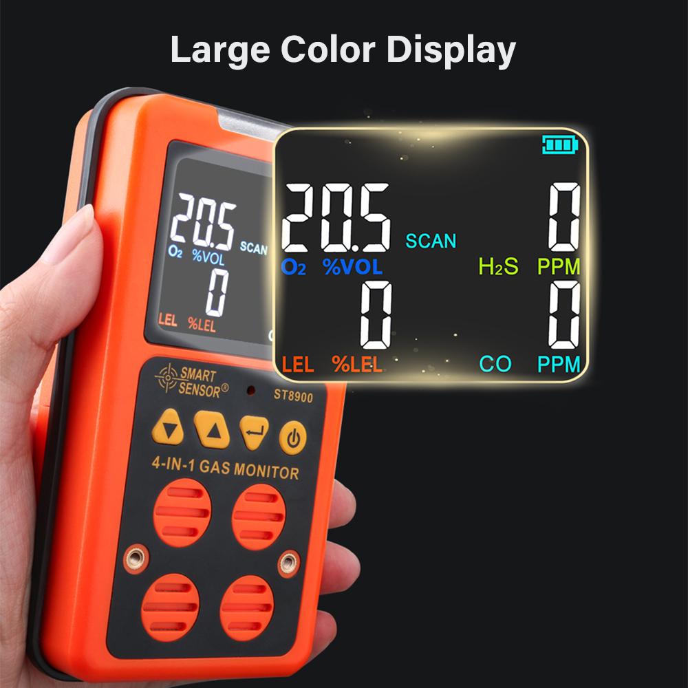 4 in 1 Multi Gas Detector Gas Monitor Oxygen O2 Hydrogen Sulfide H2S Carbon Monoxide CO Combustible Gas LEL Gas Analyzer Meter