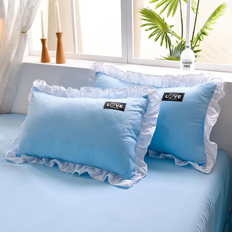 Korean Version of Solid Color Washed Cotton Pillowcase Stitching Lotus Leaf Lace Pillowcase 48*74cm A Pair of Large Pillowcases