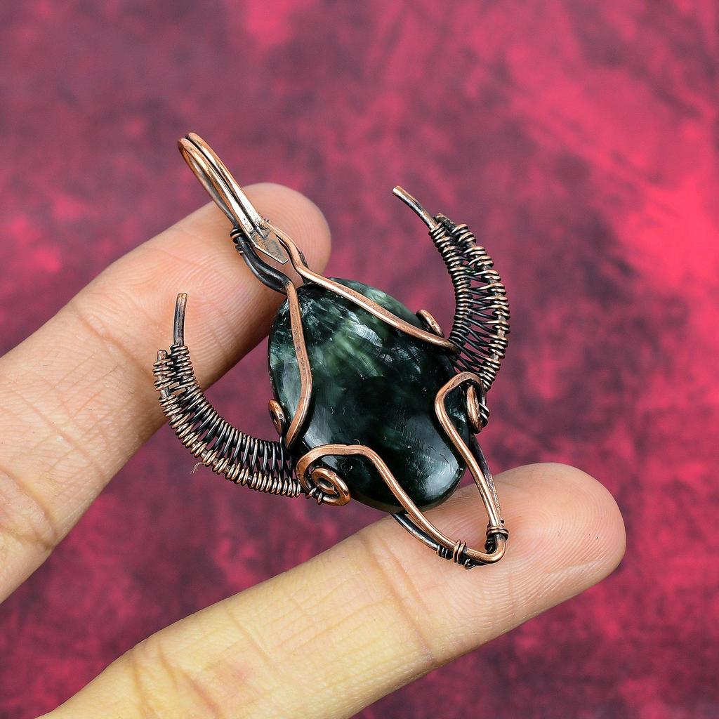 Seraphinite Pendant Copper Wire Wrapped Pendant Handmade Gemstone Pendant Bull Face Shape Pendant Copper Wire Wrap Jewelry Engagement Gifts