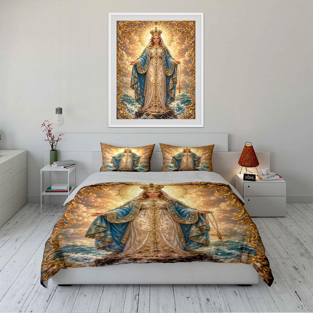 Holy Virgin Mary Bedding Set with Crown Bedding Set (1 Duvet Cover, 2 Pillowcases, Duvet Not Included)