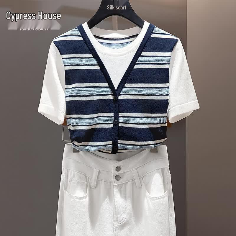 Women s Faux Two-Piece Contrast Stripe Knit Top One Size