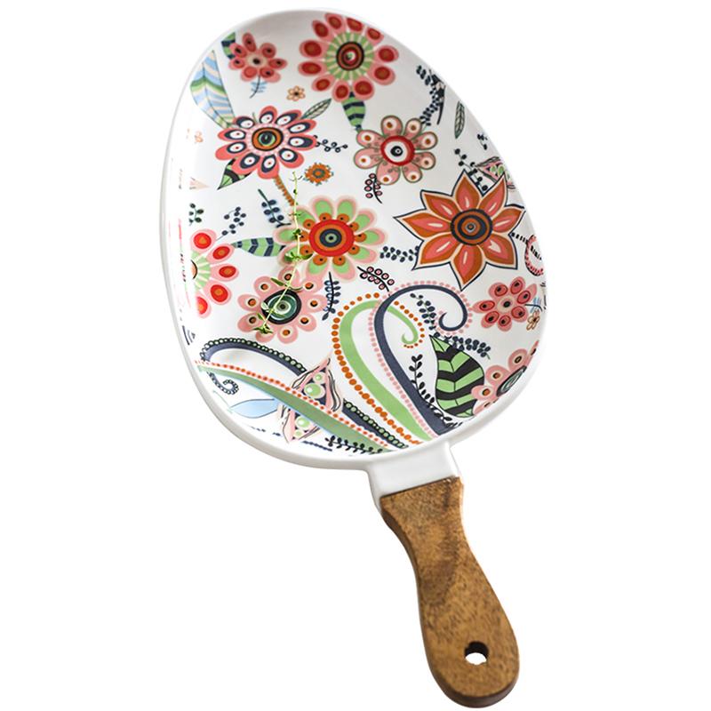 Ceramic Salad Plates with Handle,Porcelain Dinner Plates,Colorful Floral Pattern Serving Plate for Desserts Sandwiches Dishes