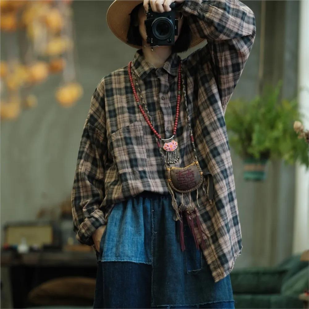 Johnature Women Vintage Plaid Shirts Tops Turn-down Collar Long Sleeve Autumn Button Pockets Female Blouses