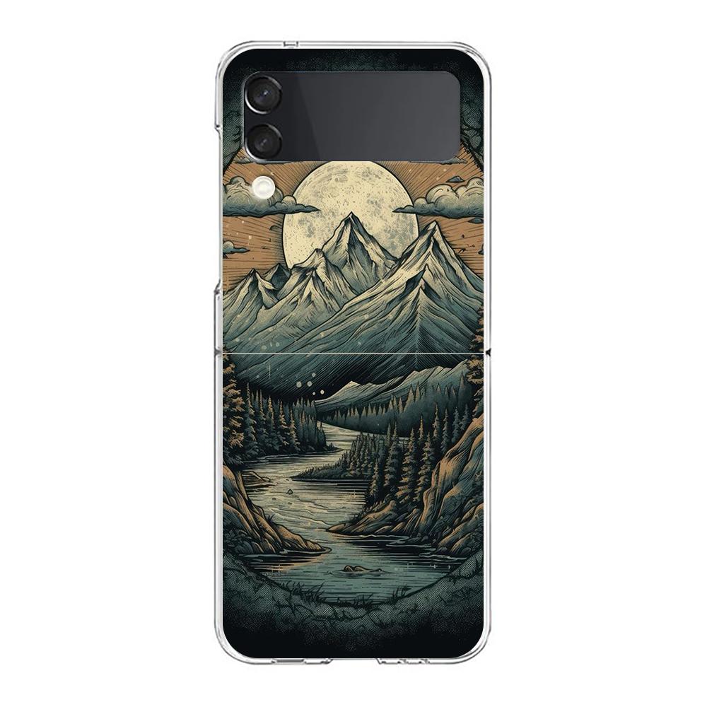 Phone Cover For Samsung Galaxy Z Flip 6 5 4 Case Transparent For Samsung Z Flip 3 Hard PC Foldable Shell Mountain Forest Capas