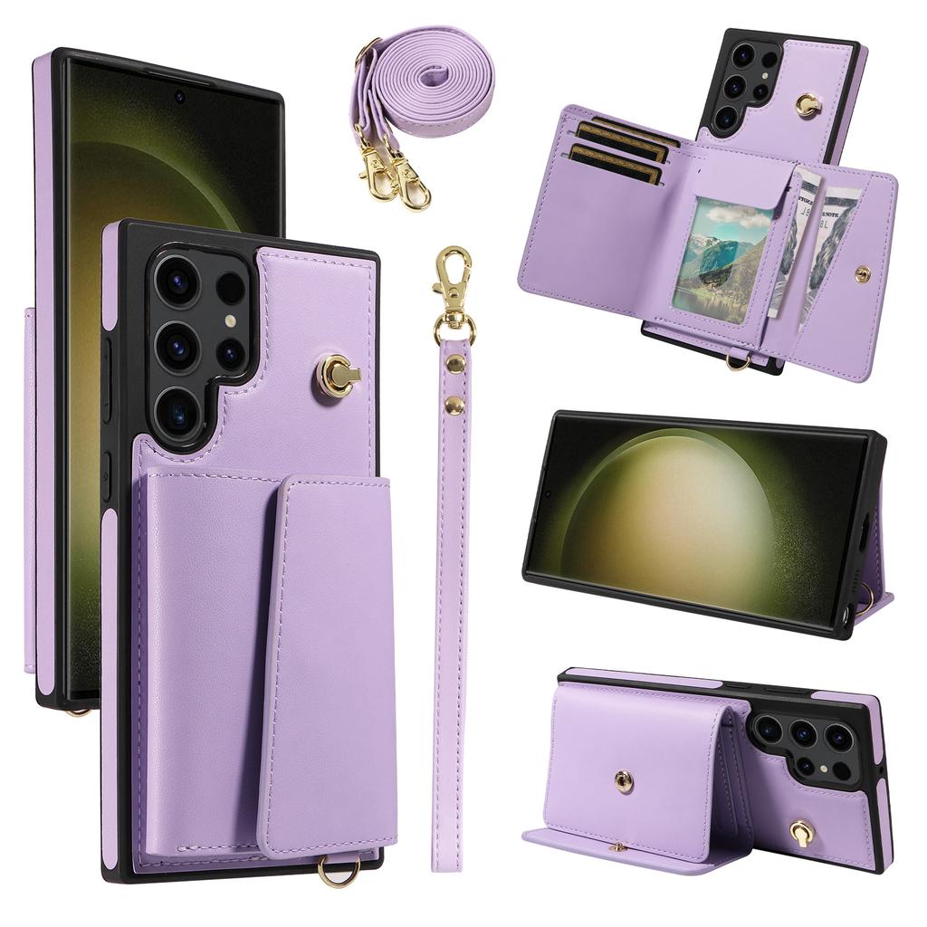 For Samsung Galaxy S23 Ultra Crossbody Phone Case Card Holder Kickstand Leather Coated TPU Mobile Cover