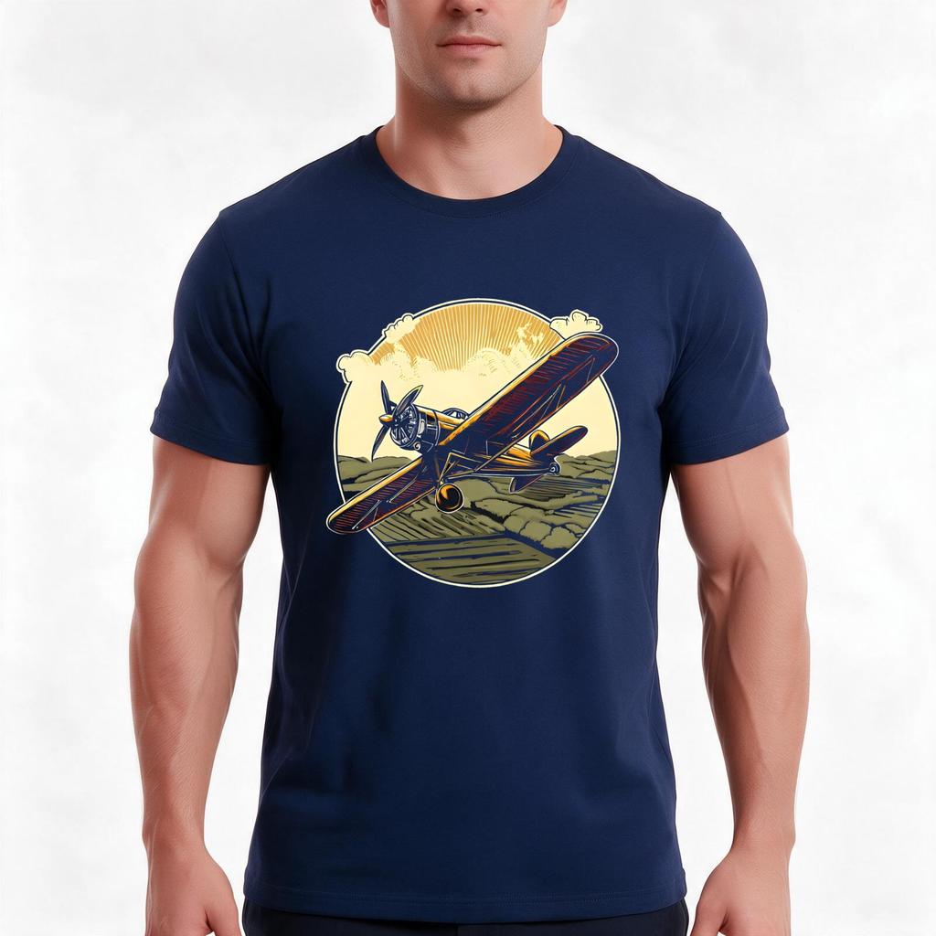 A Vintage Biplane Soaring Over A Countryside With A Propeller Spinning In Motion Tshirt Summer Casual Cotton Tee 100 Cotton