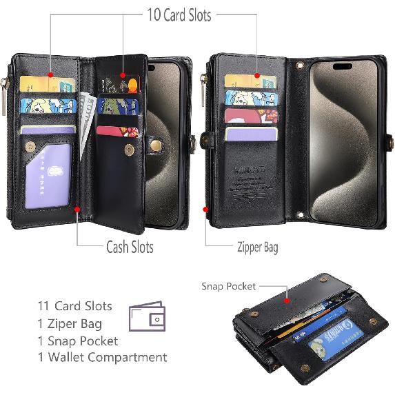 MInCYB for iPhone 16 Pro Wallet Case with Card Holder (10+ Card Slots) - PU Leather Case for Women & Men, Wireless Charging, Detachable Magnetic,