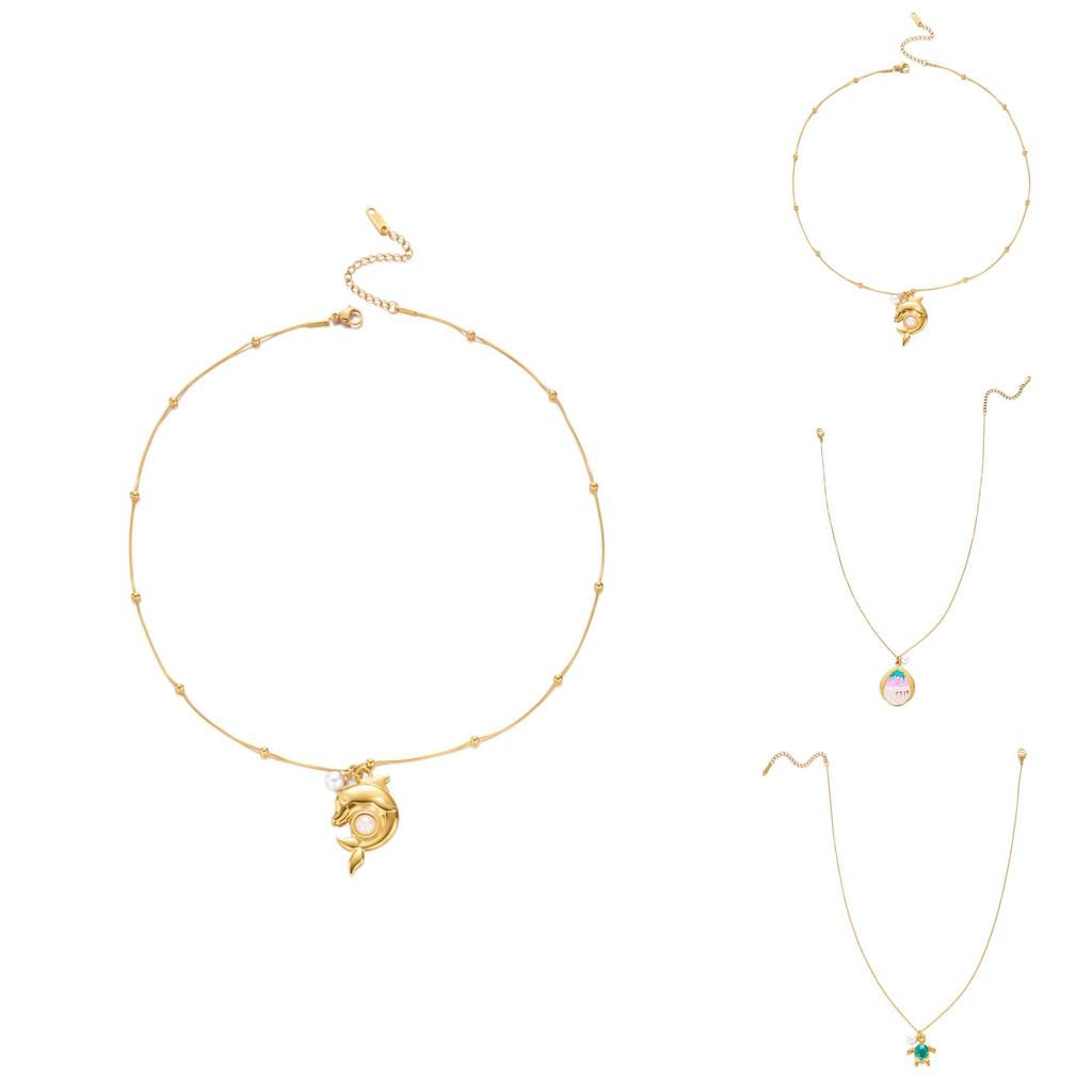 Marine Theme Stainless Steel Pendant Necklace With Pearl And Turtle Design For Summer Fashion