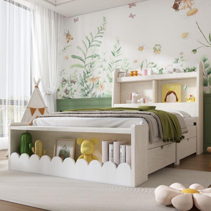 Lit d'enfant - MUVOE - 90x200 cm - Blanc et Chêne - Tiroirs de rangement - Structure en bois massif