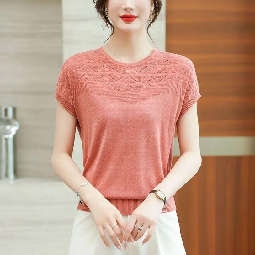 

Летняя полая трикотажная футболка из ледяного шелка для женщин, свободная, с круглым вырезом, базовая тонкая майка 2XL розовый