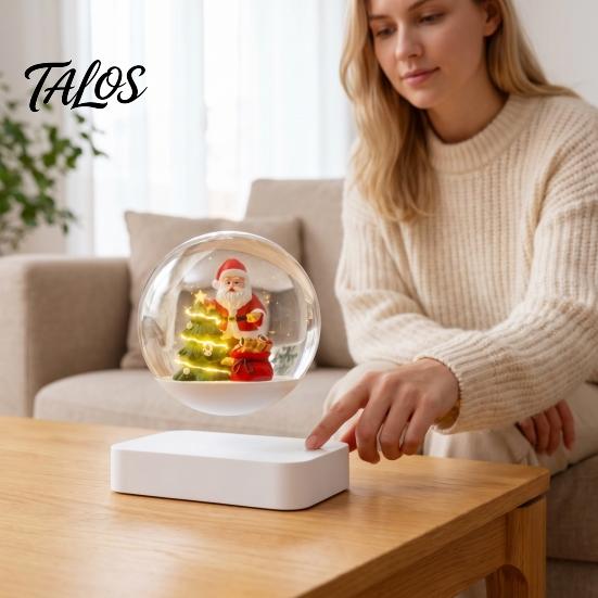 Magnetic Floating Christmas Sleigh Levitating Santa Claus Tree Ornament with LED Light, Lighted Rotating Levitation Festive Glass Ball for Tabletop