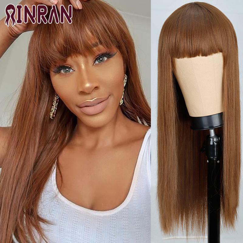 XINRAN Lange gerade weinrote Perücke mit Pony, synthetische Perücken für Frauen, hitzebeständiges Naturhaar für die tägliche Halloween-Cosplay-Party