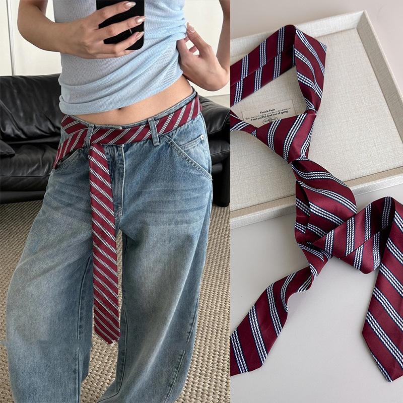 Long Skinny Plaid Waist Belt with Jeans Necktie Scarf Decorative Accessory Personality Trendy Hairband Fashionable Accessory