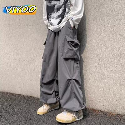 Herren Cargohose mit hoher Taille und schmaler Passform aus Eisseide, Sommer-Jogginghose, lässige Techwear-Hose mit weitem Bein, Streetwear, Japanisch