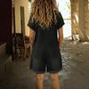 Women’s Short Sleeve Denim Romper Button Down Collared Casual Jumpsuit with Front and Side Pockets for Everyday Wear