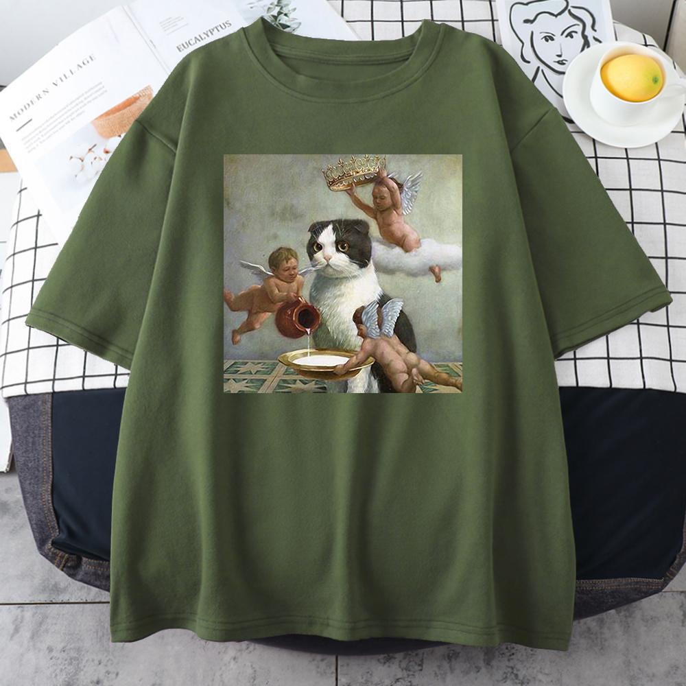 Scottish Fold Angel Crown Print Women Unisex Clothing Personality Casual Crewneck T-Shirts All-math Loose Mans Cotton Short Sleeve