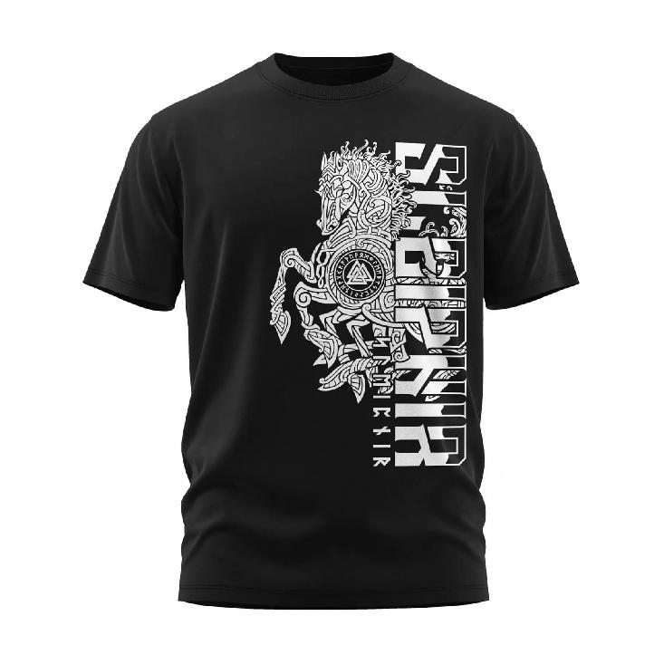 Men'S Norse Mythology Odin & Sleipnir Viking Graphic T-Shirt - 100% Black & White Viking Design with Rune Letters, Norse Gods Apparel for Men, Casual