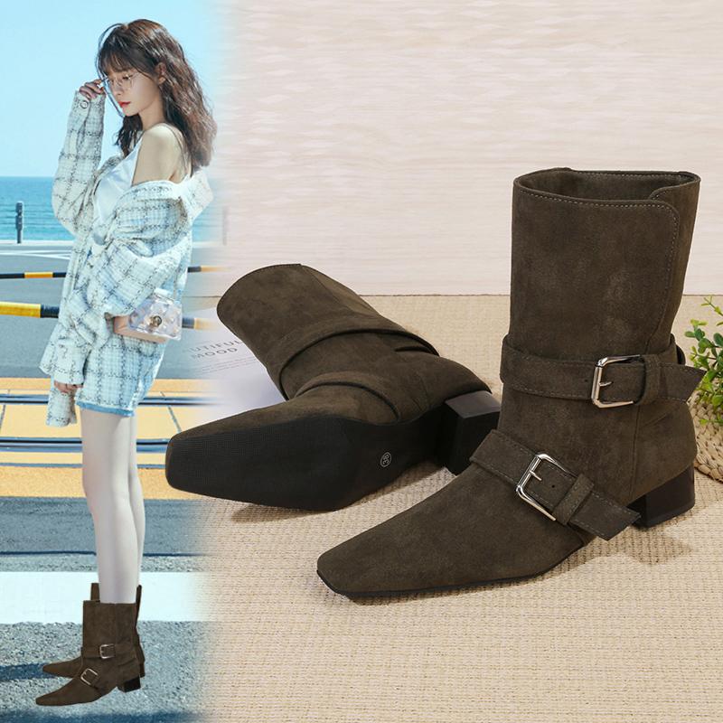 Woman Short Boots  Autumn Suede Leather Square Toe Women Heel Midsole Boots Low Heel Buckle Strap Retro Botas Para Mujer