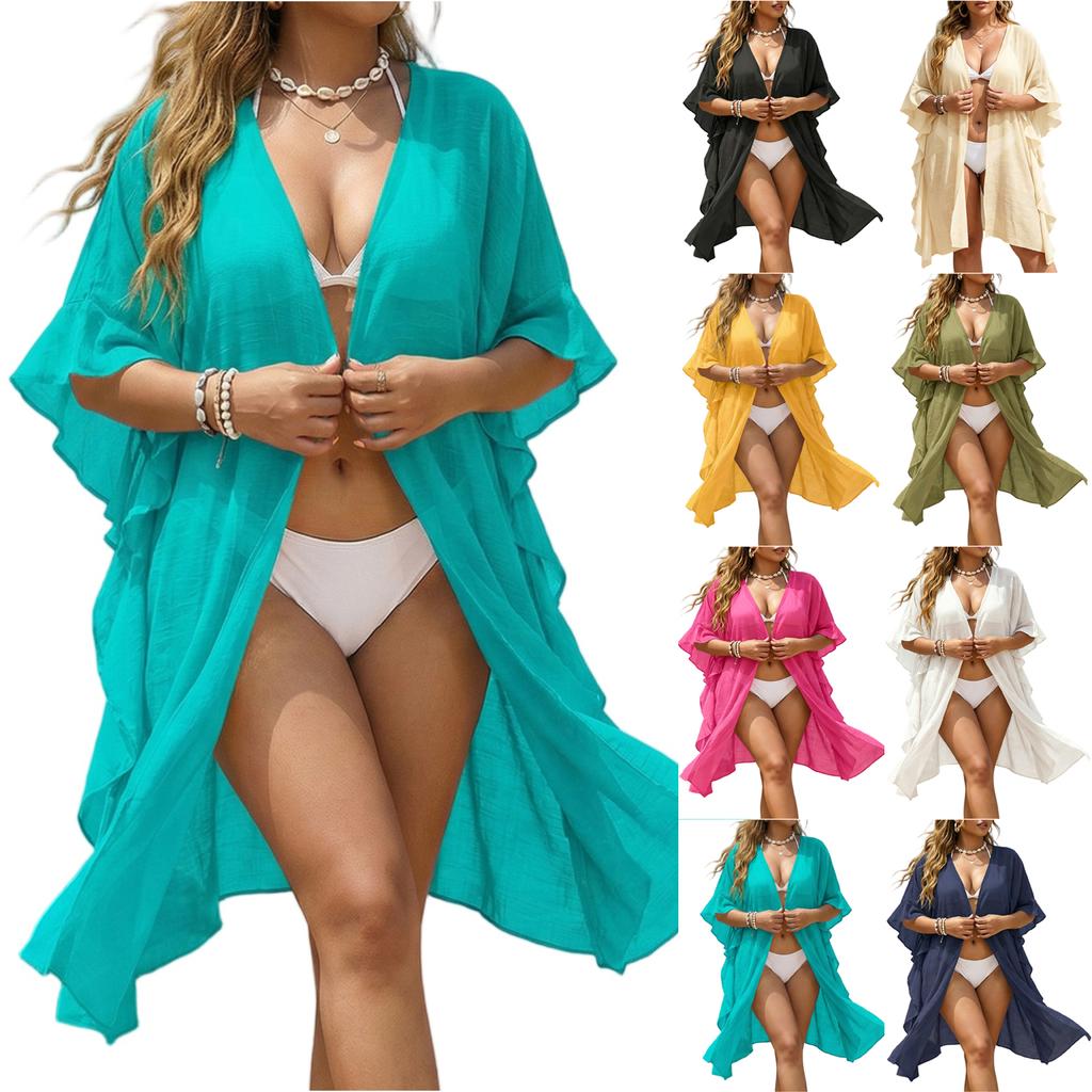 Women's Summer Plus Ruffle Edge Loose And Light Beach Vacation Cardigan Jacket Bikini Top