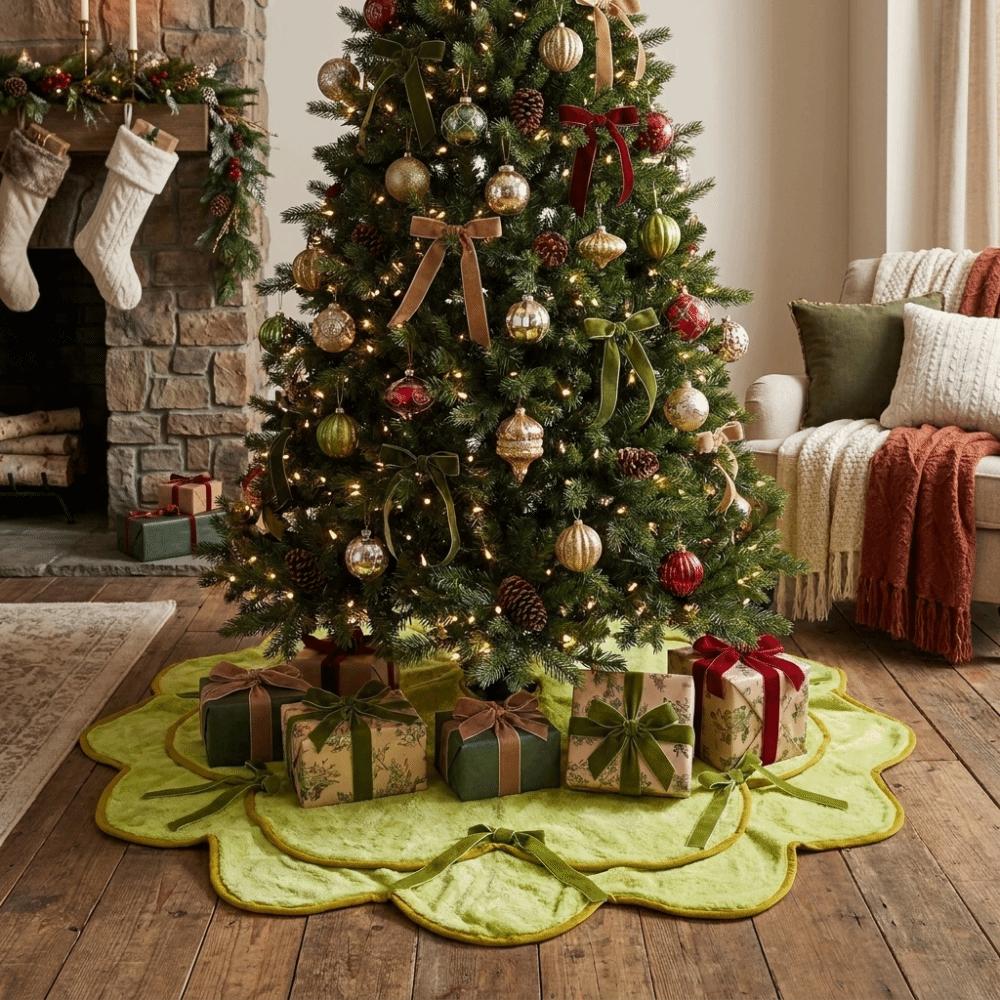 Soft Velvet Christmas Tree Skirt Elegant Edge Plush Surface Furry Tree Skirt Delicate Trim Rustic Style Gold Lace Tree Skirt