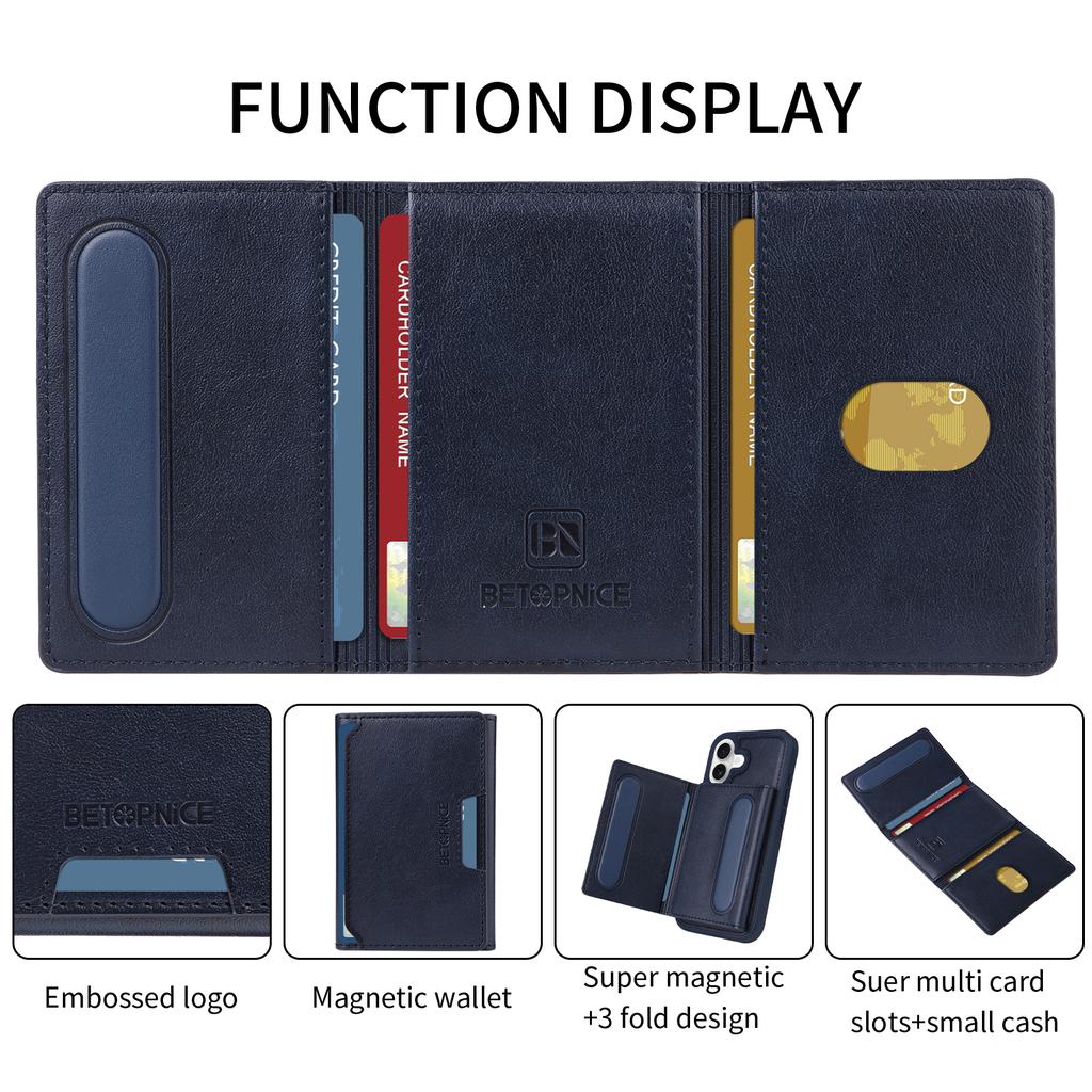 For iPhone 16 Magnetic Case BETOPNICE Leather Phone Cover Kickstand with Detachable Card Bag