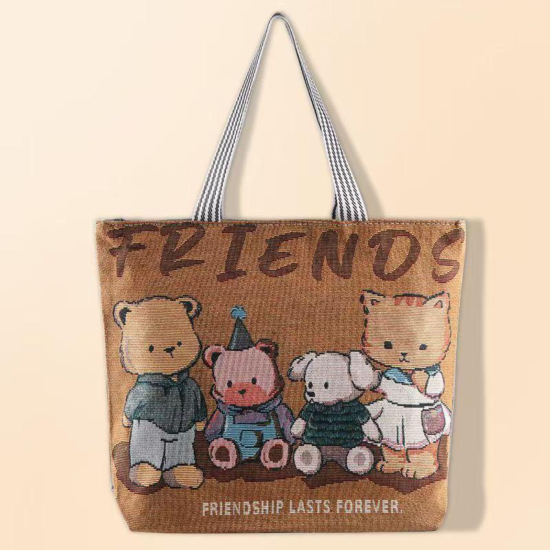 Large Capacity Women's Canvas Tote - Handheld & Shoulder Bag, Cartoon Embroidery Fashion, Perfect for Shopping or Student Use.