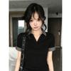 College style polo shirt short-sleeved T-shirt women's summer new Korean plaid splicing slim and thin fake two-piece top
